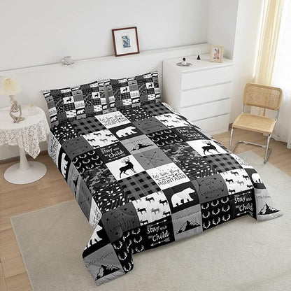 Feelyou Cute Deer Comforter Set Wild Deer Hunting Decor Comforter Soft Quilt for Kids Boys Antlers Wild Animal Natural Bedding Set,Black Grey with 1 Pillowcase 2Pcs Bedding Twin Boys