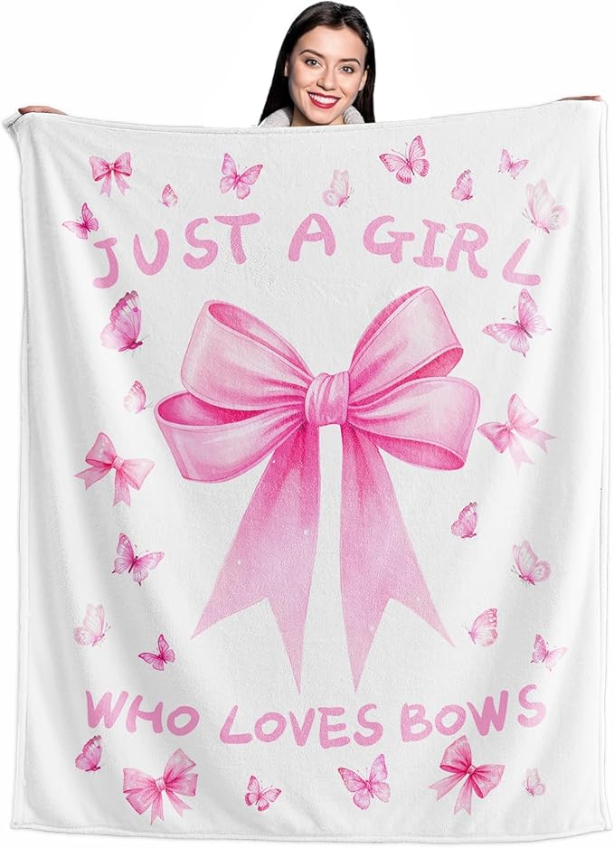 Bow Throw Blanket 60x50Inch Preppy Blanket Pink Bow Aesthetic Throw Blanket Coquette Flannel Soft Bow Plush Preppy Room Decor for Girls Women Birthday