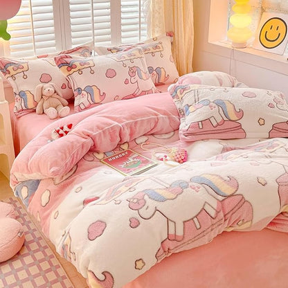Carousel Kids Duvet Cover Set Pink Kawaii Bedding Set Twin Size Snowflake Fluffy Comforter Cover Blanket Soft Reversible Duvet Cover Room Decor for Girls Women Boys(Carousel,Twin)