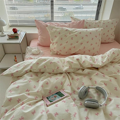 Pink Bow Duvet Cover Queen Size Bowknot On White Duvet Cover Set Kids Boys Girls 3 Pieces Cute Princess Style Bows Pattern Ultra Soft Reversible Bedding Set with 2 Pillowcases