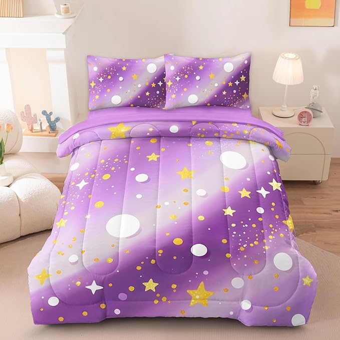 5 Pcs Twin Bedding Sets for Girls, Purple Glitter Rainbow Bed in A Bag Twin Size Bed Set, Stars Galaxy Bedding Comforter Set for Girls