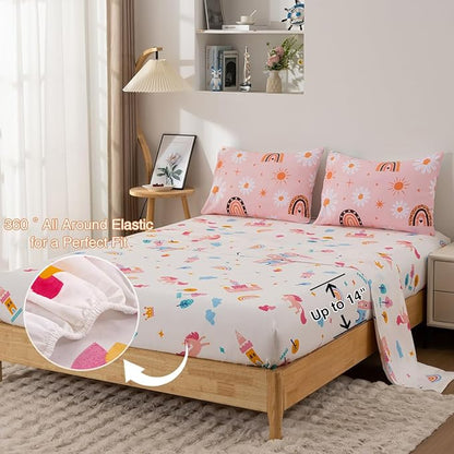 Holawakaka Boho Rainbow Daisy Twin Comforter Set with Sheets, 5-Piece Bohemian Sun Flower Bedding Set for Girls & Women - Super Soft Microfiber Kids Teen-Girls Orange Reversible Bed-in-a-Bag