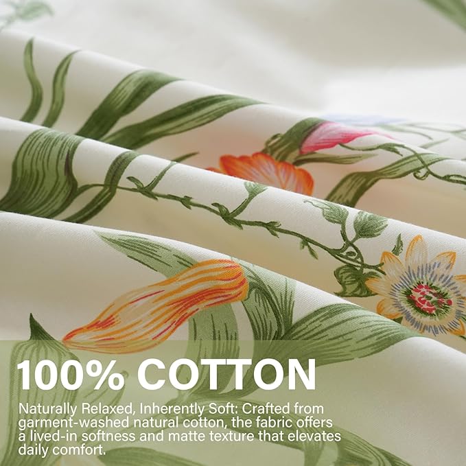Duvet Cover King Size 100% Cotton Reversible Green Leaves Duvet Cover Set with Zipper Closure, 3 Pieces Vintage Flower Floral Bedding Comforter Cover, Ultra Soft & Breathable