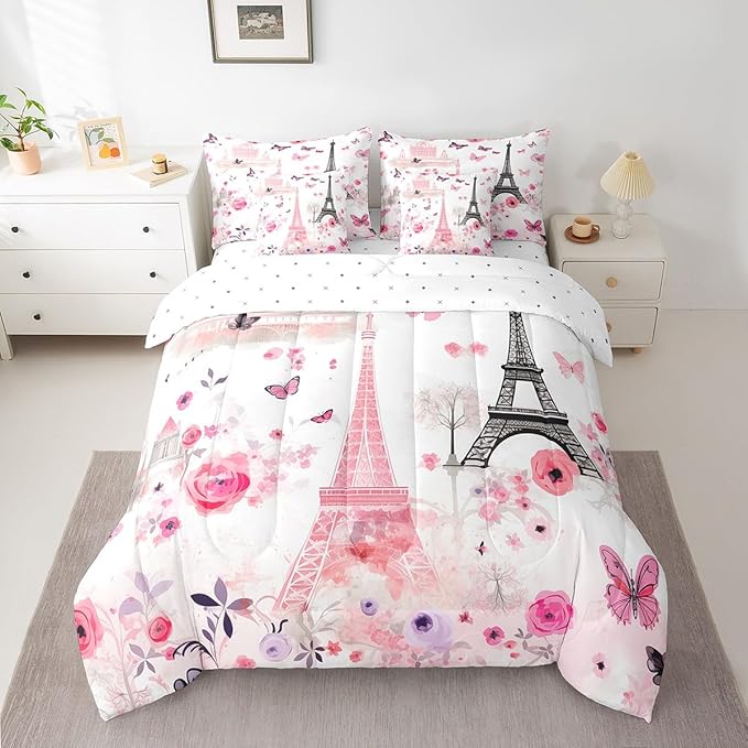 Feelyou Eiffel Tower Comforter Set with Sheets King Size Paris 7 Piece Bedding Set for Adult Boys Girls Teens Pink Flower and Butterfly Bed in a Bag Romantic Art Bed Set
