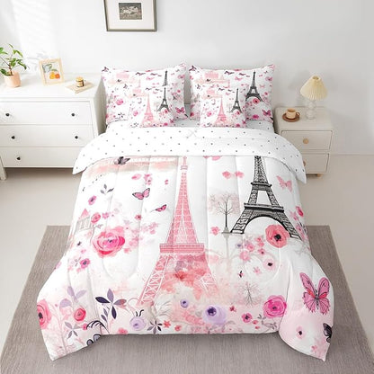Feelyou Eiffel Tower Comforter Set with Sheets King Size Paris 7 Piece Bedding Set for Adult Boys Girls Teens Pink Flower and Butterfly Bed in a Bag Romantic Art Bed Set