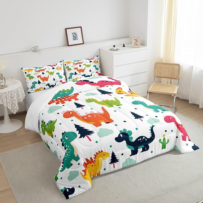 Cartoon Dino Kids Comforter Set Twin Size,Cute Dinosaur Watercolor Wild Animal Bedding Set for Kids Boys Men,Kawaii Dino Dots Pine Cloud Print Quilted Duvet Set with 1 Pillowcase