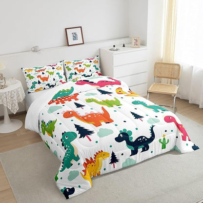 Cartoon Dino Kids Comforter Set King Size,Cute Dinosaur Watercolor Wild Animal Bedding Set All Season Quilt Set,Kawaii Dino Dots Pine Cloud Print Microfiber Polyester Down Comforter