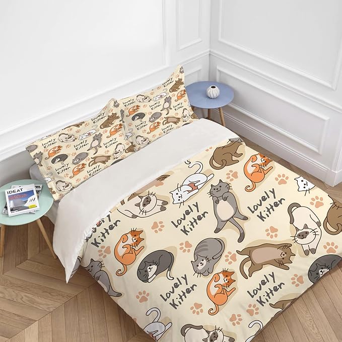 Cute Cat Theme 3 Pieces Duvet Cover Comforter Set with 2 Pillowcase King Size Cat Puppy Bed Sheet Quilt Bedroom Bedding for Lover Kids