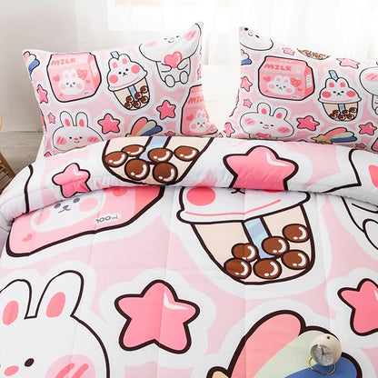CVHOUSE Kawaii Rabbit Bedding Set for Girls - Twin Size, Includes Cute Rabbit Comforter, Duvet, and Quilt - Perfect for Kids' Room Decor