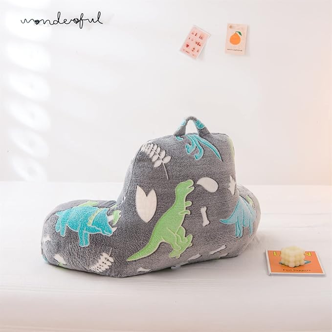Aimuan Reading Pillow Glow in The Dark Bed Rest Wedge Kids Glow Backrest Pillow Dinosaur Print with Arms Back Support for Sitting Up in Bed Cushion, Green-Blue