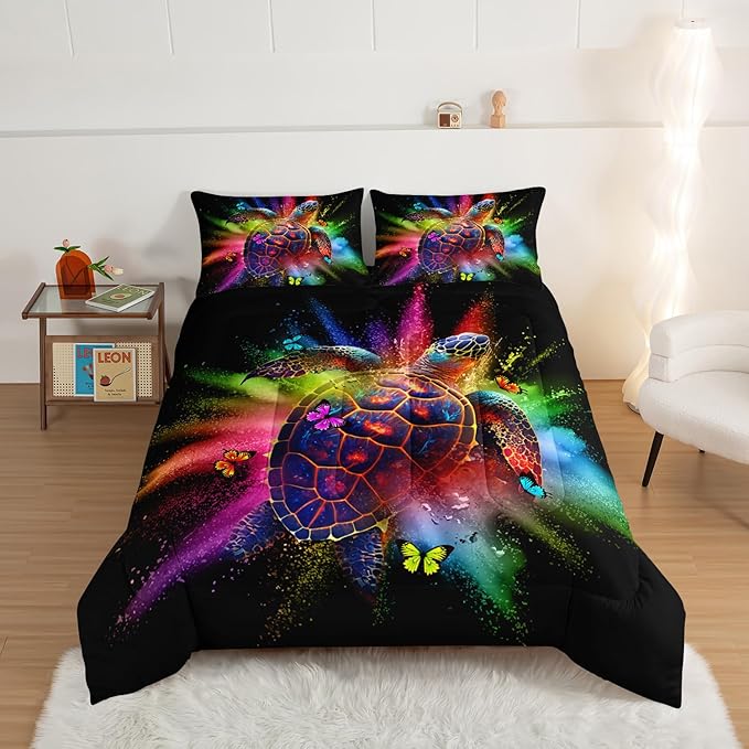 HOSIMA Watercolor Sea Turtle Comforter Set King Size,Tie Dye Ocean Turtle Butterfly Bedding Set,Marine Life Theme King Size Comforter for Kids Room Decor with 2 Pillowcases.
