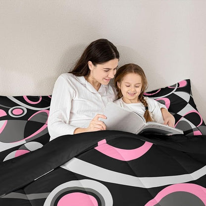 Feelyou Pink Grey and Black Comforter Retro Circle Geometrics Comforter Set Modern Abstract Art Bedding Set for Kids Boys Girls Geometrics Swirl Duvet Set Luxury Room Decor Quilt Set Full Size
