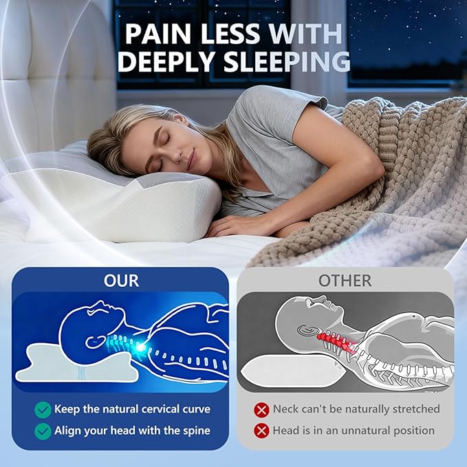 Cervical Neck Pillow for Neck Pain Relief and Sleeping, Ergonomic Contour Memory Foam Pillow with Breathable Pillowcase, Neck Support Pillow for Side, Back, Stomach Sleepers