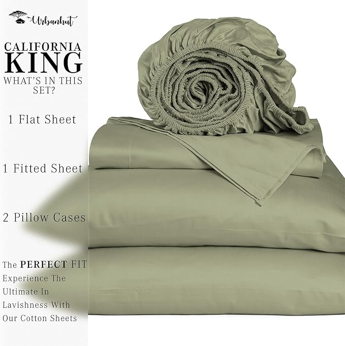 URBANHUT 1000 Thread Count California King Size Egyptian Cotton Sheets, Long Staple Soft & Breathable, 4 Pc Bed Sheet Sets for Cal King Bed, Luxury Hotel Sateen Sheets Fits 16" Deep Pocket - Sage