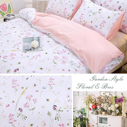 URBONUR Girls Duvet Cover Set Twin Size 3PCS Pink Flowers Cute Animals Bees Printed Bedding Sets for Kids Teen, Soft Wrinkle Fade Resistant Bed Sets for Girls Bedroom Decor