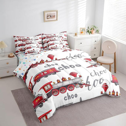 Feelyou Cartoon Car Bedding Set Kids Train Comforter Set with Sheets 7 Piece Full Size Boys Girls Choo-Choo Rail Roads Tracks Decor Bed in a Bag Microfiber Train Construction Bed Set Bedroom