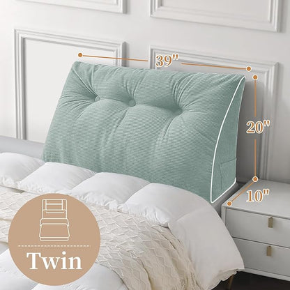 Sasttie Headboard Pillow Twin/Twin XL, Wedge Pillow Headboard for Dorm, Triangular Daybed Backrest Cushion for Sitting or Reading in Bed, with Removable Washable Cover, Mint Green