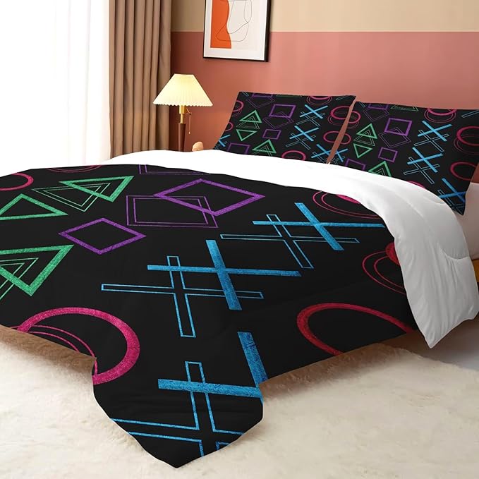 Game Comforter Set Twin Size Geometric Bedding for Kids Boys Men Black Abstract Bedroom Decor Quilt Bed Sets, 1 Comforter 1 Pillowcase