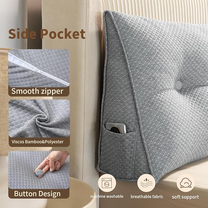 Wedge Headboard Pillow for Bed, Queen Dorm Headboard Pillow Support for Sitting Up, Reading, Relaxing, Bolster Pillow with Removable Washable Cover, Gray