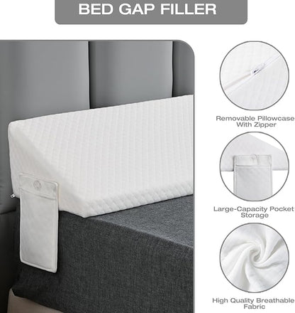 King Size Bed Wedge Pillow Gap Filler/Headboard, Long Triangle Edge Corner Pillows for Bed Gap Filler King Couch Dorm Apartment Home Essentials 10x6x76in, Dense Foam, Pockets, Prevents Things Drops