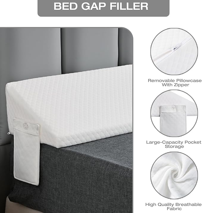 Queen Size Wedge Pillow Headboard Gap Bed Crack Filler Triangle Nora Pillows Long Plus Gap(0-8") Between Mattress and Headboards for Dorm Sleeping Backest Room Accessories Apartment Must Haves White