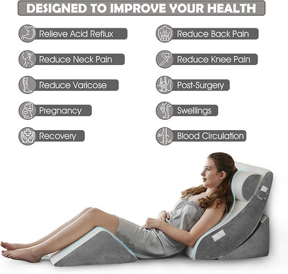 Ganaver 4pcs Orthopedic Bed Wedge Pillow Set Post Surgery Relaxing Back Adjustable Head Support Cushion Triangle Memory Foam Pillow for Acid Reflux Sleeping Reading Leg Elevation Snoring