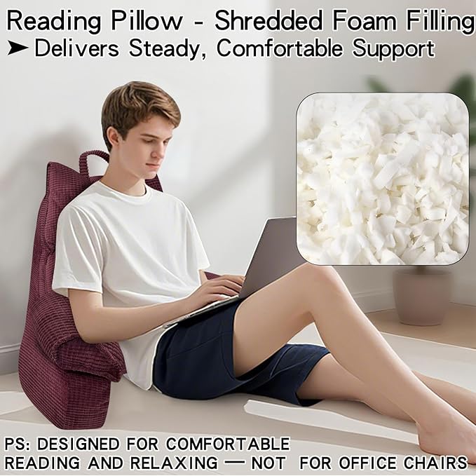 RRPAHWTV Reading Pillow for Bed with High Arm Rests,Back Support Pillow for Sitting Up in Bed with Shredded Memory Foam for Reading, TV, Gaming or Relaxing on Floor（Plum, Large）