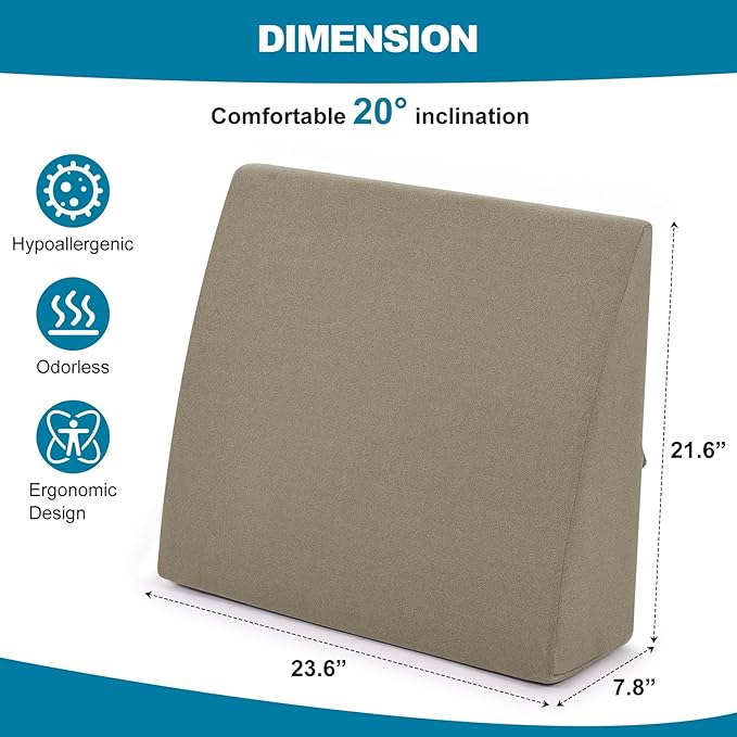TANYOO Back Pillow for Bed Sitting Up High Resilience Wedge Reading Pillow for Sitting in Bed Adult Soft Support Backrest Pillow for Reading Gaming Watching TV 23.6” x22” Khaki