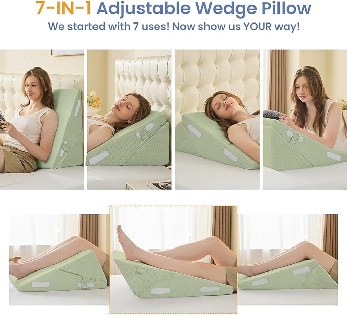 Sasttie Wedge Pillow for After Surgery, Adjustable Bed Wedge Pillow Headboard for Acid Reflux, Sleeping, Neck & Back Support, with Removable Cover, Green
