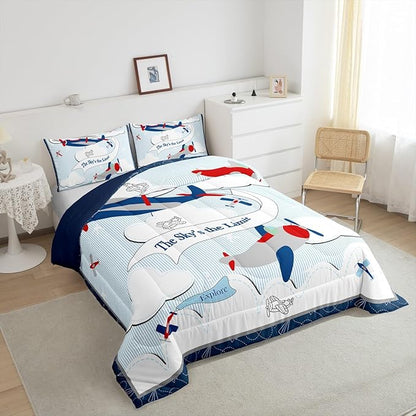 Erosebridal Helicopter Comforter Baby Nursery Toddler Bedding Set for Boys Airplane Full Bed Comforter Set, Cartoon Aircraft Blue Plane Sketch Lines Duvet Set with 2 Pillowcases