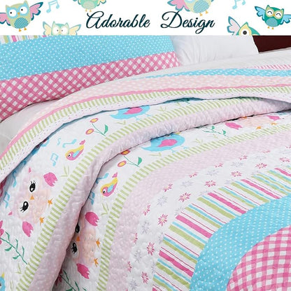 Cozy Line Home Fashions Happy Owl Queen - 7 Piece Pink Reversible Quilt Bedding Set, Coverlet, Bedspreads for Girls (1 Quilt + 2 Shams + 4 Decorative Pillows)