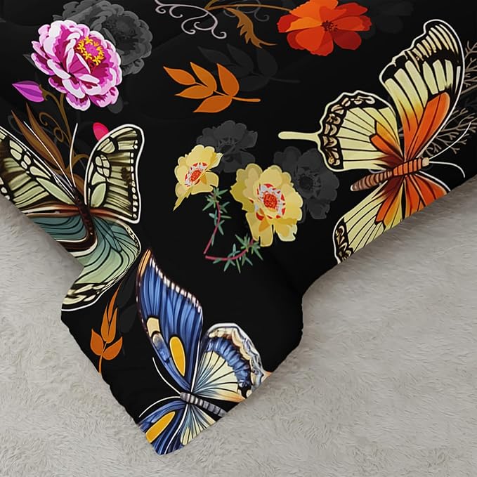 Black Floral Comforter Set Queen Size, Colorful Butterfly and Flowers Bedding Set, Soft Polyester Quilt Set with 2 Pillowcases