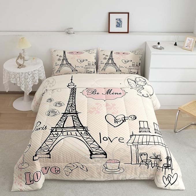 Feelyou Eiffel Tower Comforter Set Paris Tower Comforter for Girls Romantic Rose Chic Paris Theme Bedding Set Paris Cityscape Printed Heart Love Duvet Set Room Decor Quilt Set Full