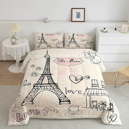 Feelyou Eiffel Tower Comforter Set Paris Tower Comforter for Girls Romantic Rose Chic Paris Theme Bedding Set Paris Cityscape Printed Heart Love Duvet Set Room Decor Quilt Set Full