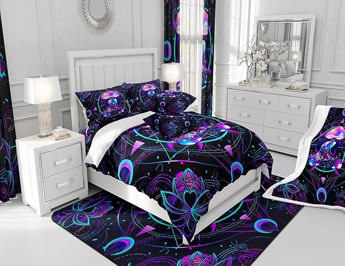 Trippy Mushroom Comforter Set King Size,Gymnastics Yoga Theme Bedding Set 3pcs,Kids Girls Adult Room Decor,Exotic Neon Purple Stars Moon Quilt Set Geometric Colorful Lines Duvet Insert,2 Pillowcases