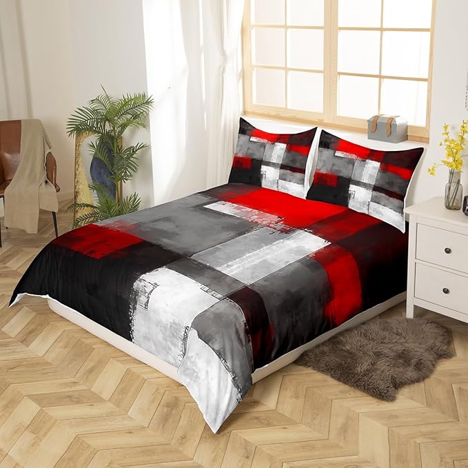 Geometric Graffiti Duvet Cover Set King Size,Red Grey White Black Rectangle Comforter Cover with 2 Pillowcases,3pcs Abstract Graffiti Painting Bedding Set for Bedroom Xmas Gift (No Comforter)
