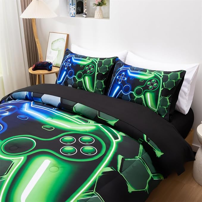 NTBED 3D Gaming Comforter Set for Boys Kids Teens,5pcs Gamer Bedding Sets with Sheet,Game Console Bed in a Bag (Blue Green, Twin)