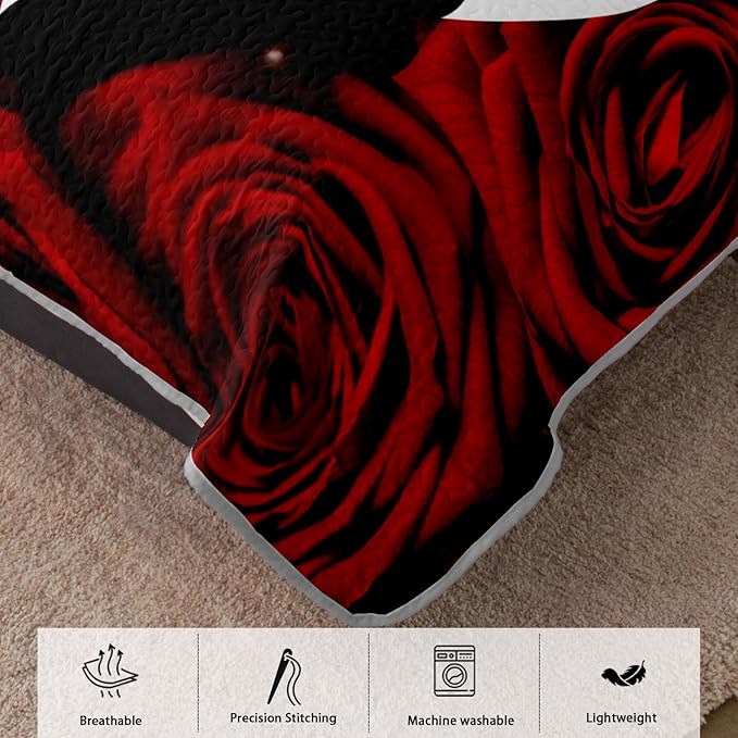 AILONEN Red and White Quilt Set Queen Size,Red Rose Flower Bedspread Coverlet for Couples Lovers,Soft Lightweight,3Pcs His & Hers Quilt & 2 Pillowcases