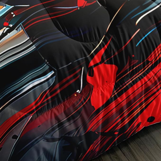 Red Racing Car Themed Comforter 3Pcs Queen Cool Speed Sports Car Fast and Furious Bedding Set for Kid Teen Girl Boy Adult Extreme Sport Game Quilt Bed Decor with 1 Comforter and 2 Pillowcases