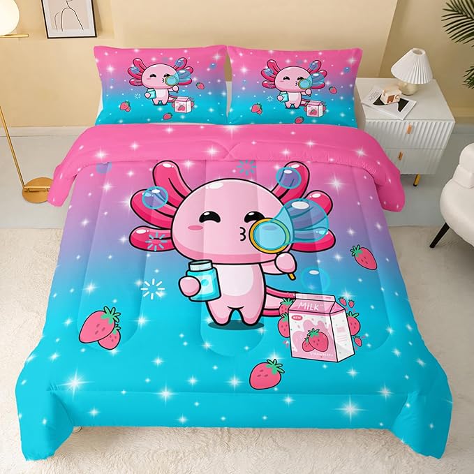 QOOMO Kawaii Axolotl Comforter,Pink Salamander Comforter Set for Kids Teens Girls,3Pcs Bedding Set Printed Comforter with 2 Pillowcases,Down Alternative,Soft and Lightweight(Pink，Twin Size)