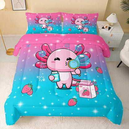 QOOMO Kawaii Axolotl Comforter,Pink Salamander Comforter Set for Kids Teens Girls,3Pcs Bedding Set Printed Comforter with 2 Pillowcases,Down Alternative,Soft and Lightweight(Pink，Queen Size)