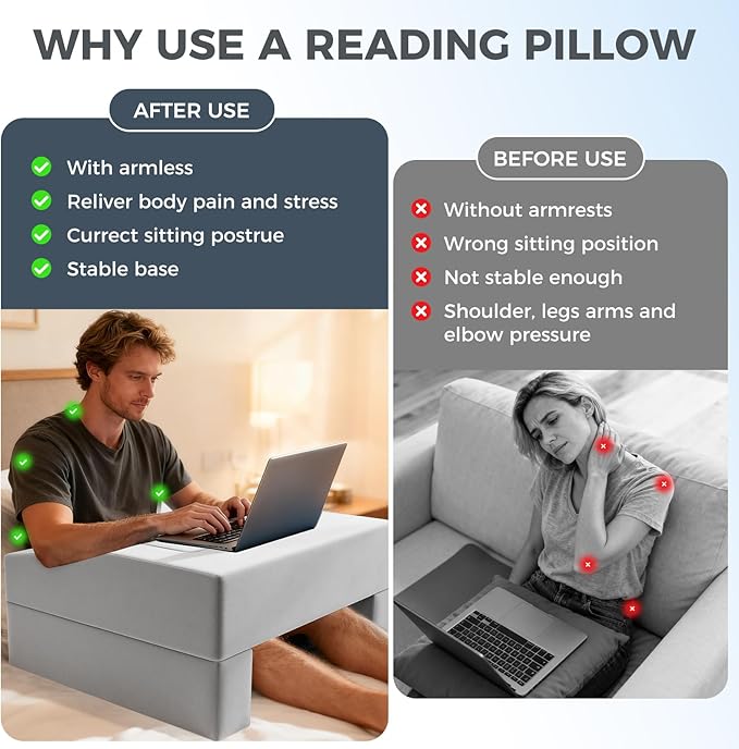 Reading Pillow for Gaming Lap Desk Pillow for Laptop with Pocket Foldable Memory Foam Bed Desk for Reading Working Crocheting Gaming Arm Rest on Bed/Sofa/Floor/Couch/Car (Grey no Cup Holder)