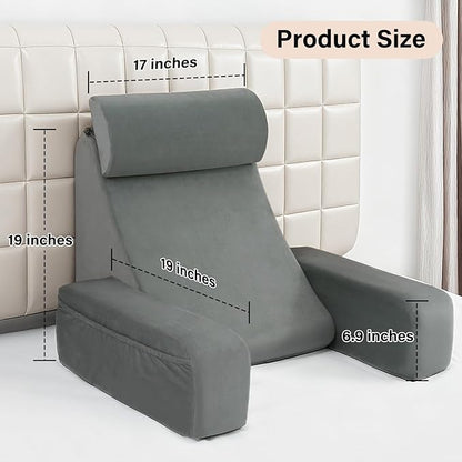 ENITYA 19" Back Support Pillow,Reading Pillow with Built-in Arms & Large Pockets, Removable Washable Cover, Wedge for Sitting,Reclining,Watching TV,Post Surgery in Bed,Couch or Floor,Medium Firm,Grey