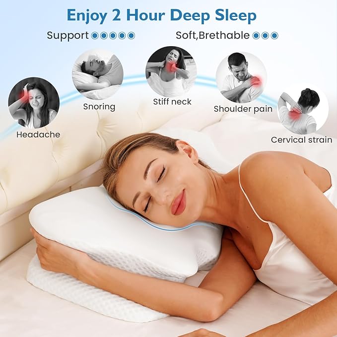 2Pcs Cervical Pillow for Neck Pain Relief, Neck Pillow for Sleeping Side Sleeper Ergonomic Memory Foam Support Pillows Back Sleepers for Sleeping,Machine Washable Pillowcase White