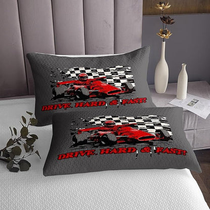 Erosebridal Go Kart for Kids Bedspread Boys Kart Drifting Coverlet Set Youth Karting Extreme Sport Bedding Set Black and White Buffalo Checked Quilt Set Red Racing Car Bedroom Decor Twin Size