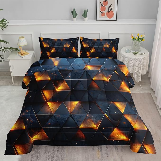 3D Geometric Comforter Set Yellow Neon Light Printed Bedding Set with 1 Comforter and 2 Pillowcases for Boys and Girls Bedroom All Season(Geometric Full)