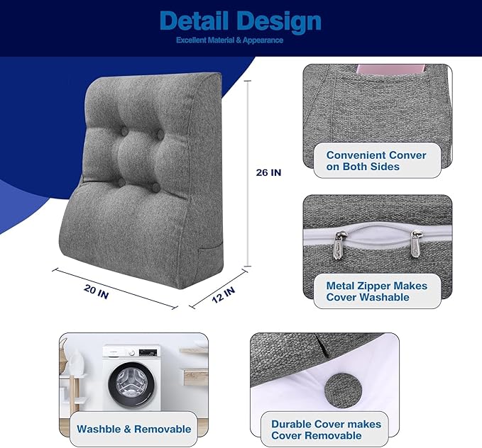 Daneey Reading Pillows for Sitting in Bed Adult, Back Support Pillow for Bed Removable Breathable Cover, Gray