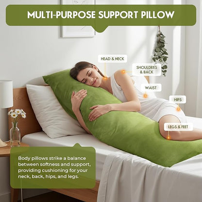 Body Pillow for Adults with Removable Pillowcase，Memory Foam Full Body Pillows for Side Sleepers, Back Pain, Pregnancy, Large Long Pillow Fluffy with Cover for Bed,20x54 Inch, Green