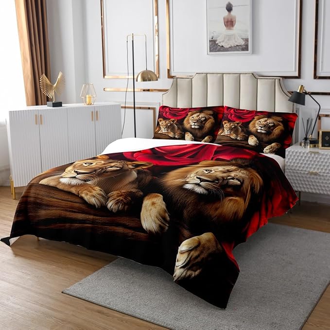 Erosebridal Lion Bedspread Quilt Set Queen Size, Africa Wildlife Quilted for Kids Teens Adult, Red Rose Flower Pattern Coverlet Set, Animal Theme Bedspread, Soft Luxury Microfiber, Black Brown