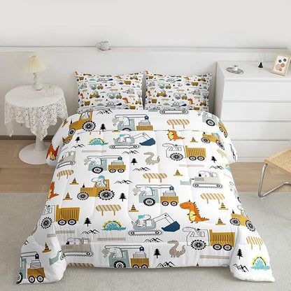 Feelyou Construction Bedding Set King Size Equipment Trucks Comforter Set for Kids Boys Girls Decor Dinosaur Comforter 3D Digital Print Yellow Duvet Set Bedroom Quilt Set